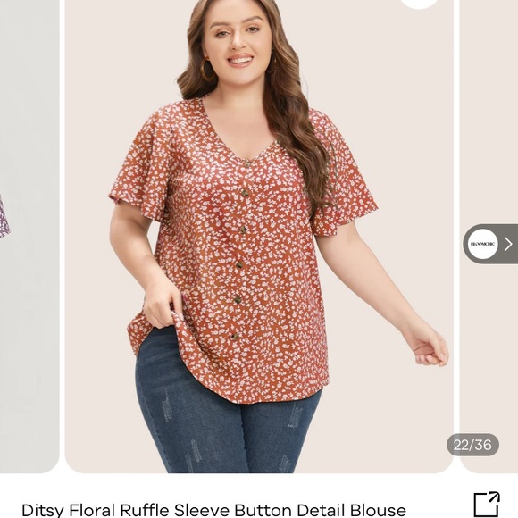 Bloom Chic Ditsy Floral Ruffle Sleeve Button Detail Blouse in orange. - Picture 4 of 9